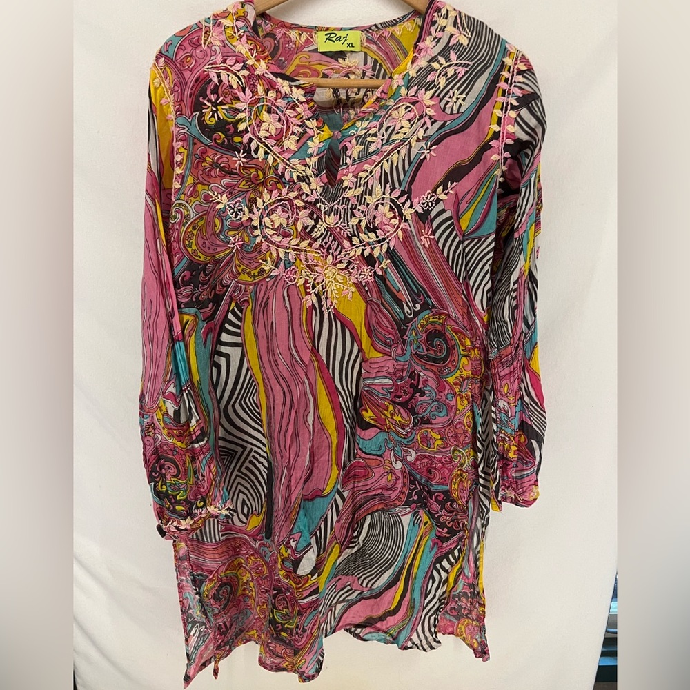 RAJ Embroidered Cotton Multicolor Tunic Dress Size XL Boho Swim Cover Up